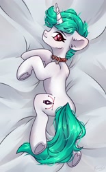 Size: 2335x3755 | Tagged: safe, artist:konejo, imported from derpibooru, oc, oc only, pony, unicorn, collar, high res, looking at you, looking back, smiling, solo, underhoof