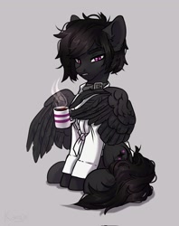 Size: 1618x2048 | Tagged: safe, artist:konejo, imported from derpibooru, oc, oc only, pegasus, pony, clothes, coffee, collar, looking at you, mug, shirt, simple background, sitting, solo, spread wings, unamused, wing hands, wings