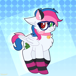 Size: 2000x2000 | Tagged: safe, artist:saveraedae, imported from derpibooru, oc, oc only, pegasus, pony, bell, bell collar, cat ears, clothes, collar, cute, female, glasses, heterochromia, high res, mare, socks, solo, striped socks