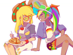 Size: 1680x1273 | Tagged: safe, artist:motuanzi270, imported from derpibooru, applejack, rainbow dash, human, equestria girls, alternate hairstyle, appledash, dark skin, eyes closed, female, food, humanized, lesbian, pancakes, shipping, smiling