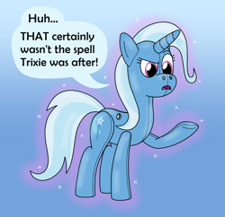 Size: 1920x1857 | Tagged: safe, artist:wolvinof, imported from derpibooru, trixie, inflatable pony, pony, pooltoy pony, unicorn, air nozzle, confused, female, inflatable, magic, mistake, perplexed, pool toy, raised eyebrow, simple background, sparkles, speech bubble, spell gone wrong, third person, transformation, vector, vector trace