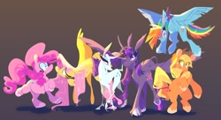 Size: 2048x1115 | Tagged: safe, artist:idefix, imported from derpibooru, applejack, fluttershy, pinkie pie, rainbow dash, rarity, twilight sparkle, alicorn, classical unicorn, earth pony, pegasus, pony, unicorn, beard, cloven hooves, cutie mark, facial hair, flying, group, horn, leonine tail, mane six, simple background, smiling, spread wings, twilight sparkle (alicorn), unshorn fetlocks, wings