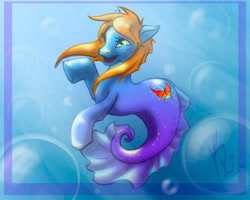 Size: 500x400 | Tagged: safe, artist:kimik-a, imported from derpibooru, pony, sea pony, abstract background, seapony oc, sign, smiling, underwater