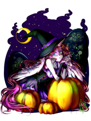 Size: 2121x2828 | Tagged: safe, artist:kimik-a, imported from derpibooru, oc, alicorn, anthro, alicorn oc, clothes, crescent moon, dress, female, hat, high res, horn, moon, pumpkin, signature, simple background, transparent background, transparent moon, wings, witch hat