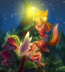 Size: 1000x1100 | Tagged: safe, artist:kimik-a, imported from derpibooru, oc, alicorn, anthro, alicorn oc, duo, earmuffs, female, furry, hair over one eye, hat, horn, kitsune, night, outdoors, stars, wings