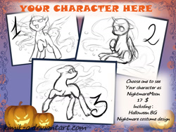 Size: 1600x1200 | Tagged: safe, artist:kimik-a, imported from derpibooru, pony, commission, halloween, holiday, jack-o-lantern, looking back, pumpkin, raised hoof, your character here
