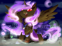 Size: 1600x1200 | Tagged: safe, artist:kimik-a, imported from derpibooru, oc, oc only, alicorn, pony, alicorn oc, commission, crescent moon, ethereal mane, horn, moon, obtrusive watermark, raised hoof, smiling, solo, spread wings, starry mane, watermark, wings, ych result