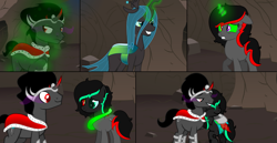 Size: 1280x660 | Tagged: safe, artist:cobaltstaryt, imported from derpibooru, king sombra, queen chrysalis, changeling, changeling queen, hybrid, pony, base used, chrysombra, eyelashes, female, glowing, glowing horn, horn, hug, male, mare, parent:king sombra, parent:queen chrysalis, shipping, stallion, straight, transformation