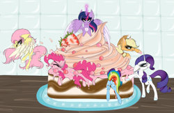 Size: 2921x1897 | Tagged: safe, artist:beamybutt, imported from derpibooru, applejack, fluttershy, pinkie pie, rainbow dash, rarity, twilight sparkle, alicorn, earth pony, pegasus, pony, unicorn, angry, butt, buttstuck, cake, colored hooves, ear fluff, eyelashes, eyes closed, flying, food, glowing, glowing horn, hat, horn, looking back, mane six, micro, plot, rainbutt dash, raised hoof, stuck, twilight sparkle (alicorn), wings