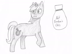 Size: 2153x1635 | Tagged: safe, artist:sapphie, imported from derpibooru, lyra heartstrings, pony, unicorn, :i, bag, cutie mark, food, l.u.l.s., looking back, looking sideways, looking to the left, magic, monochrome, oats, ponybooru import, raised hoof, raised leg, stealing, telekinesis, that pony sure does love oats, traditional art, walking