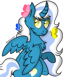 Size: 825x960 | Tagged: safe, artist:madlilon2051, imported from derpibooru, oc, oc only, oc:fleurbelle, alicorn, butterfly, pony, alicorn oc, commission, eyelashes, female, horn, mare, simple background, smiling, solo, transparent background, wings, ych result