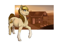 Size: 2000x1373 | Tagged: safe, artist:royvdhel-art, imported from derpibooru, oc, oc only, earth pony, pony, building, earth pony oc, raised hoof, smiling, solo