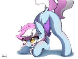 Size: 4000x3000 | Tagged: safe, artist:morealy, imported from derpibooru, oc, oc only, oc:woodgu, bat pony, pony, behaving like a cat, blushing, dock, female, licking, licking lips, mare, simple background, solo, tail, tongue out