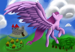 Size: 3012x2123 | Tagged: safe, artist:lefi32, imported from derpibooru, oc, oc only, oc:love letter(adusak), pegasus, pony, castle, cloud, eyes closed, flying, forest, heart, high res, hill, large wings, pegasus oc, river, shading, sky, smiling, solo, village, wings