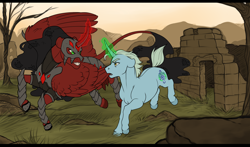 Size: 2444x1440 | Tagged: safe, artist:royvdhel-art, imported from derpibooru, oc, oc only, alicorn, pony, unicorn, alicorn oc, duo, glowing, glowing horn, helmet, horn, outdoors, running, unicorn oc, wings