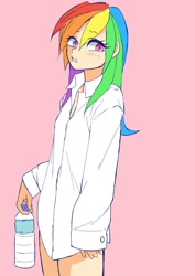 Size: 1240x1754 | Tagged: dead source, safe, artist:danyroxy, imported from derpibooru, rainbow dash, human, bottle, clothes, female, humanized, lip bite, pink background, simple background, solo, water bottle, white shirt