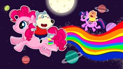 Size: 1280x720 | Tagged: safe, imported from derpibooru, pinkie pie, twilight sparkle, cat, earth pony, unicorn, wolf, pony creator, elsagate, kat (wolfoo), moon, peppa pig, planet, rainbow, riding a pony, ripoff, saturn, space, unicorn twilight, wat, why, wolfoo, wolfoo (character), youtube link, youtube thumbnail