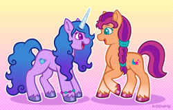 Size: 3750x2400 | Tagged: safe, artist:artisticwerks, imported from derpibooru, izzy moonbow, sunny starscout, earth pony, pony, unicorn, spoiler:my little pony: a new generation, g5, high res, looking at each other, my little pony: a new generation, smiling, smiling at each other