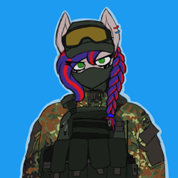 Size: 2170x2170 | Tagged: safe, artist:syntiset, imported from derpibooru, oc, oc only, oc:batista, anthro, earth pony, anthro oc, anti fragmentation glasses, armor, bags, balaclava, braid, camouflage, cap, clothes, colored sketch, commission, earth pony oc, flecktarn, glasses, goggles, green eyes, hat, high res, looking at you, military, military uniform, multicolored hair, multicolored mane, piercing, plate carrier, simple background, sketch, solo, tactical, uniform