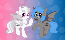 Size: 4500x2812 | Tagged: safe, artist:madcloudlet, imported from derpibooru, oc, oc only, oc:jizlez, oc:nobrony, bat pony, pony, bat wings, cutie mark, duo, duo male, fangs, glasses, high res, jewelry, male, necklace, simple background, smiling, wings