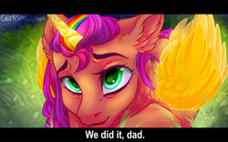 Size: 1280x801 | Tagged: safe, artist:castaspellliana, imported from derpibooru, sunny starscout, earth pony, pony, artificial horn, artificial wings, augmented, dialogue, g5, horn, implied argyle starshine, magic, magic horn, magic wings, mane stripe sunny, multicolored hair, my little pony: a new generation, rainbow hair, sunnycorn, text, wings