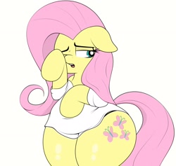 Size: 2232x2112 | Tagged: safe, artist:blitzyflair, imported from derpibooru, fluttershy, pegasus, pony, bipedal, chubby, clothes, female, floppy ears, high res, lidded eyes, mare, morning ponies, one eye closed, open mouth, raised hoof, redraw, shirt, simple background, solo, white background, wide hips