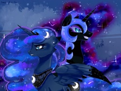 Size: 1400x1050 | Tagged: safe, artist:jamoka-rai-kou, imported from derpibooru, nightmare moon, princess luna, alicorn, pony, blue background, blue eyes, blue tail, colored pupils, crown, ear fluff, ethereal mane, eyelashes, female, flowing mane, folded wings, glowing, grin, helmet, horn, jewelry, regalia, signature, simple background, smiling, sparkles, starry mane, starry tail, stars, tail, teeth, wings