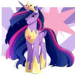 Size: 1080x1080 | Tagged: safe, artist:jamoka-rai-kou, imported from derpibooru, twilight sparkle, alicorn, pony, the last problem, armor, crown, ethereal mane, hoof shoes, jewelry, lidded eyes, older, older twilight, peytral, princess twilight 2.0, regalia, smiling, solo, starry mane, twilight sparkle (alicorn)