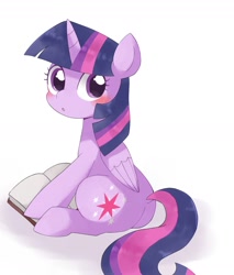 Size: 1504x1768 | Tagged: safe, artist:ginmaruxx, imported from derpibooru, twilight sparkle, alicorn, pony, blushing, book, bookhorse, cute, female, looking at you, mare, simple background, sitting, solo, twiabetes, twilight sparkle (alicorn), white background