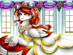 Size: 1600x1200 | Tagged: safe, artist:jamoka-rai-kou, imported from derpibooru, oc, oc only, pegasus, pony, clothes, crown, dress, flower, jewelry, looking at you, regalia, rose, smiling, solo, wedding dress