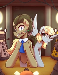 Size: 1000x1286 | Tagged: safe, artist:shadowreindeer, imported from derpibooru, derpy hooves, doctor whooves, time turner, earth pony, pegasus, pony, crossover, dalek, doctor who, female, male, mare, sonic screwdriver, stallion, the doctor
