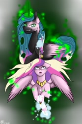 Size: 682x1024 | Tagged: safe, artist:jamoka-rai-kou, imported from derpibooru, princess cadance, queen chrysalis, alicorn, changeling, changeling queen, pony, disguise, disguised changeling, duo, duo female, fake cadance, female, grin, mare, smiling, spread wings, wings