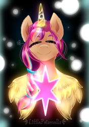 Size: 844x1200 | Tagged: safe, artist:littlepoisonella, imported from derpibooru, sunny starscout, alicorn, earth pony, pony, spoiler:my little pony: a new generation, female, g5, horn, mane stripe sunny, mare, my little pony: a new generation, princess sunny starscout, race swap, solo, sunnycorn, twilight sparkle's cutie mark, wings