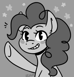 Size: 1087x1123 | Tagged: safe, artist:zahsart, imported from derpibooru, pinkie pie, earth pony, pony, black and white, black and white cartoon, blushing, grayscale, grin, looking at you, monochrome, rubber hose style, smiling, solo, waving
