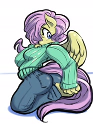 Size: 2048x2732 | Tagged: safe, artist:fauxsquared, artist:kitsugar01, imported from derpibooru, fluttershy, anthro, ass, breasts, busty fluttershy, butt, clothes, flutterbutt, high res, looking back, pants, solo, spread wings, sweater, wings