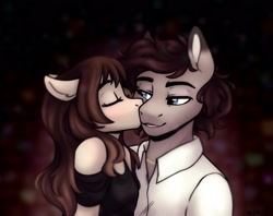 Size: 2301x1826 | Tagged: safe, artist:zahsart, imported from derpibooru, oc, oc only, oc:hickory, oc:vantage, anthro, earth pony, pegasus, clothes, dress, eyes closed, floppy ears, kissing, lidded eyes, shirt, smiling