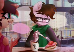 Size: 4000x2800 | Tagged: safe, artist:irinamar, imported from derpibooru, oc, oc only, anthro, earth pony, cake, clothes, eyebrows, food, fork, glasses, heart ears, high res, lidded eyes, mug, open mouth, open smile, palindrome get, question mark, scarf, smiling, speech bubble, strawberry, sweater, textless