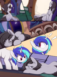 Size: 2300x3100 | Tagged: safe, artist:imadeus, imported from derpibooru, dj pon-3, octavia melody, vinyl scratch, earth pony, pony, unicorn, bags under eyes, bush, carpet, comic, cutie mark, door, exhausted, eye clipping through hair, eyebrows, eyebrows visible through hair, female, floor, high res, mare, messy mane, moon, night, patreon, ponyville, sky, sniffing, tongue out, window