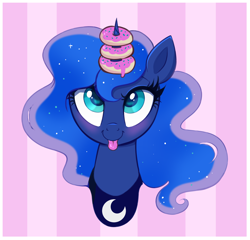 Size: 2728x2623 | Tagged: safe, artist:confetticakez, imported from derpibooru, princess luna, alicorn, pony, :p, blushing, bust, c:, cute, donut, eyes on the prize, female, food, high res, horn, horn impalement, jewelry, looking up, lunabetes, majestic as fuck, mare, regalia, silly, silly pony, smiling, solo, striped background, tongue out