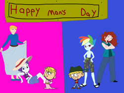 Size: 2048x1536 | Tagged: safe, artist:chanyhuman, imported from derpibooru, rainbow dash, rarity, human, equestria girls, brave (movie), cinderella, clothes, crossover, deviantart, disney, elusive, equestria guys, femboy, happy man's day, holiday, lana loud, leif loud, lexx loud, lola loud, male, man's day, men's day, merida, metaphor, needs more saturation, rainbow blitz, rule 63, the loud house, unisex