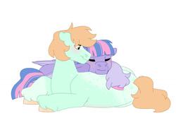Size: 1280x854 | Tagged: safe, artist:itstechtock, imported from derpibooru, peach fuzz, wind sprint, pony, female, lesbian, lying down, older, prone, simple background, white background