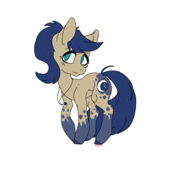 Size: 894x894 | Tagged: safe, artist:princessmoonlight, imported from derpibooru, oc, oc:midnight timeline, earth pony, derpibooru community collaboration, 2021-2022, 2022, 2022 community collab, blue hoofs, blue mane, blue spots, brown coat, clock, cutie mark, green eyes, head to side, jewelry, moon, necklace, shy expression, simple background, solo, standing, stars in mane, strait mouth, transparent background