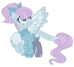 Size: 3234x2925 | Tagged: safe, artist:magicdarkart, imported from derpibooru, oc, oc only, oc:iris breeze, pegasus, pony, bow, clothes, female, freckles, hair bow, high res, leonine tail, mare, simple background, socks, solo, stockings, sweater, tail, thigh highs, transparent background