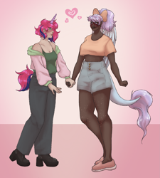Size: 1745x1943 | Tagged: safe, artist:snows-undercover, imported from derpibooru, oc, oc only, oc:iris breeze, oc:lilac, human, belly button, blushing, bow, clothes, commission, dark skin, ear piercing, earring, female, freckles, hair bow, heart, holding hands, hoodie, horn, horned humanization, humanized, humanized oc, jeans, jewelry, leonine tail, lesbian, looking at each other, midriff, pants, piercing, shirt, short shirt, shorts, t-shirt, tail, tailed humanization, tanktop, winged humanization, wings