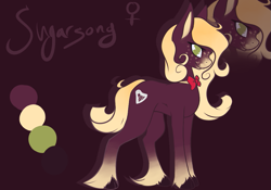 Size: 975x684 | Tagged: safe, artist:princessmoonlight, imported from derpibooru, oc, oc:sugersong, earth pony, bowtie, color pallet, colored background, dark brown coat, gradient mane, green eyes, light brown hooves, smiling, standing
