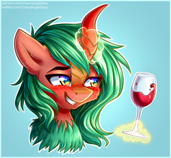 Size: 3804x3508 | Tagged: safe, artist:chaosangeldesu, imported from derpibooru, oc, oc only, oc:selketo, kirin, alcohol, blushing, bust, commission, high res, kirin oc, portrait, solo, wine