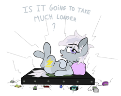 Size: 2396x1912 | Tagged: safe, artist:justapone, imported from derpibooru, oc, oc only, oc:silver bolt, earth pony, pony, charging, colored, colored lineart, colored pupils, dialogue, earth pony oc, female, filly, grey fur, impatient, lightning, looking back, lying down, on back, pillow, recharge, small pony, solo, super powers