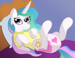 Size: 2700x2090 | Tagged: safe, artist:sweetielover, imported from derpibooru, princess celestia, alicorn, pony, adult foal, bed, bedroom, bedroom eyes, clothes, diaper, diaper fetish, female, fetish, high res, looking at you, lying down, lying on bed, non-baby in diaper, on back, on bed, pillow, pink diaper, poofy diaper, princess, shirt, showing off, solo