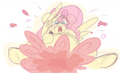 Size: 1280x769 | Tagged: safe, artist:cookiexrumbles, imported from derpibooru, fluttershy, pegasus, pony, fart, fart fetish, female, fetish, lying down, mare, simple background, solo, surprised