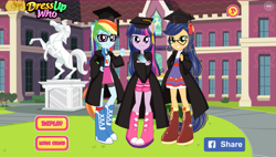 Size: 1019x580 | Tagged: safe, imported from derpibooru, applejack, rainbow dash, twilight sparkle, equestria girls, boots, canterlot high, clothes, dress, equestria girls creator, game, game screencap, glasses, hat, rarity's dress up, shoes